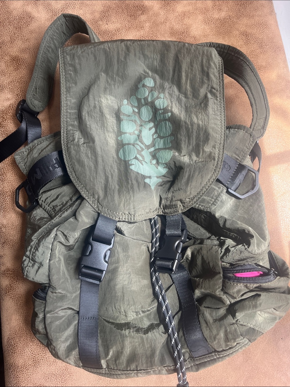 FP Movement by Free People Olive Green Backpack with Leaf Graphic
